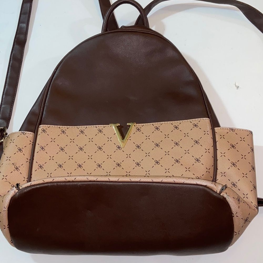 Crossi Brown and Tan Backpack with V Logo Backpack